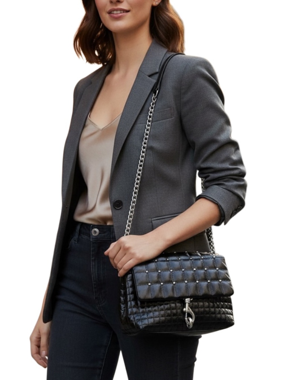 Rebecca Minkoff Affair Black Quilted Silver Chain Studded Quilted Flap Bag R$425